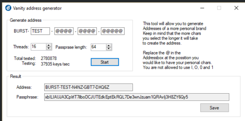 Image showing the fields in the Burstcoin vanity address generator